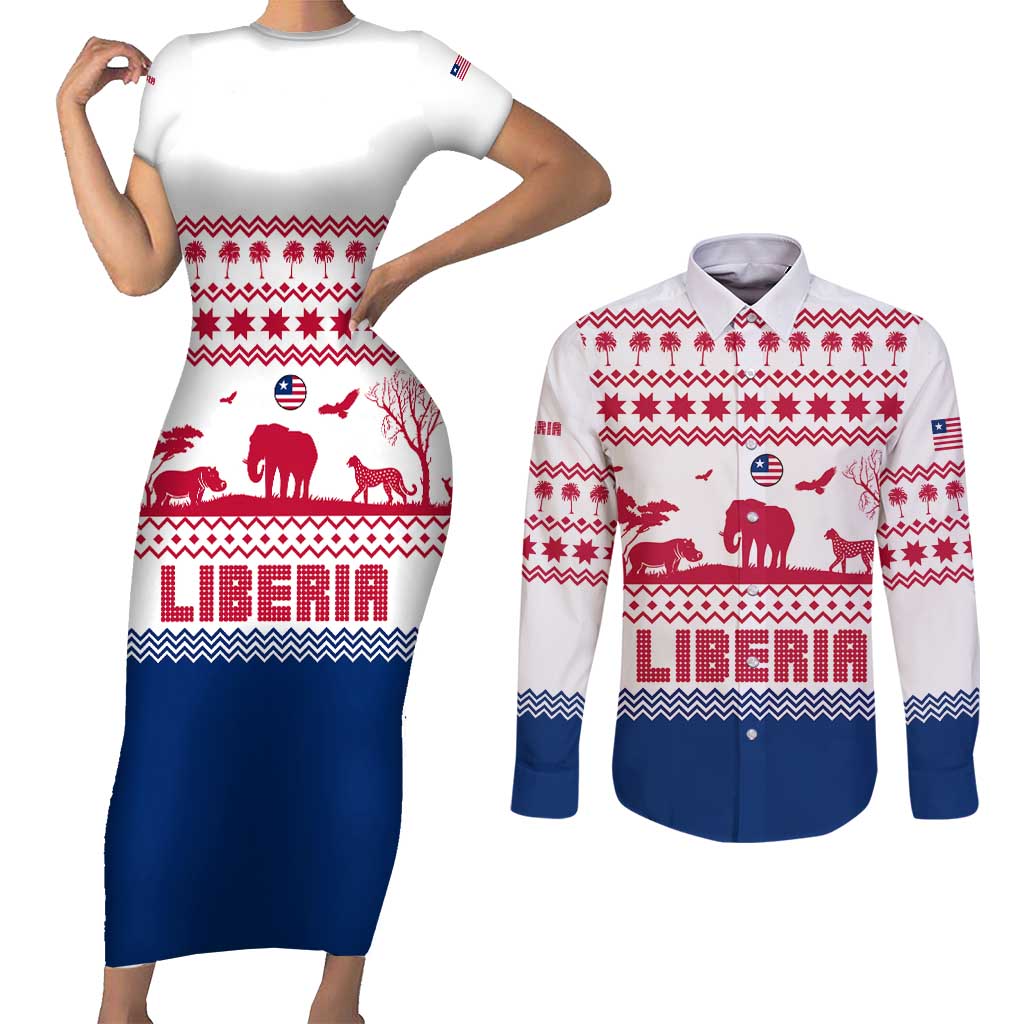 Liberia Christmas Couples Matching Short Sleeve Bodycon Dress and Long Sleeve Button Shirt with Red Wildlife Silhouettes and White Blue Holiday - Wonder Print Shop