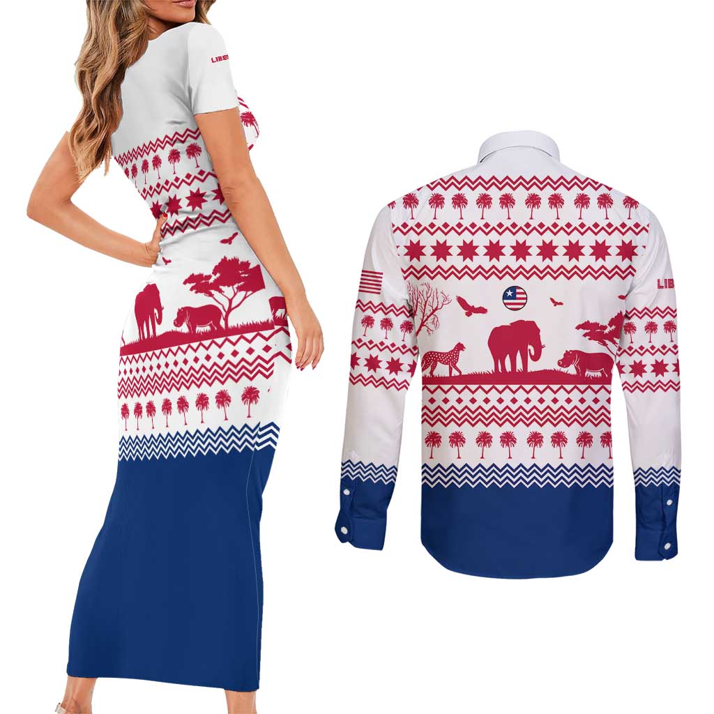 Liberia Christmas Couples Matching Short Sleeve Bodycon Dress and Long Sleeve Button Shirt with Red Wildlife Silhouettes and White Blue Holiday - Wonder Print Shop