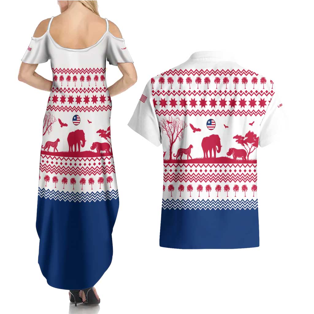Liberia Christmas Couples Matching Summer Maxi Dress and Hawaiian Shirt with Red Wildlife Silhouettes and White Blue Holiday - Wonder Print Shop