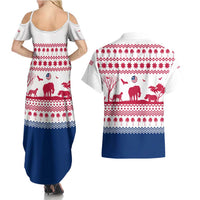 Liberia Christmas Couples Matching Summer Maxi Dress and Hawaiian Shirt with Red Wildlife Silhouettes and White Blue Holiday - Wonder Print Shop
