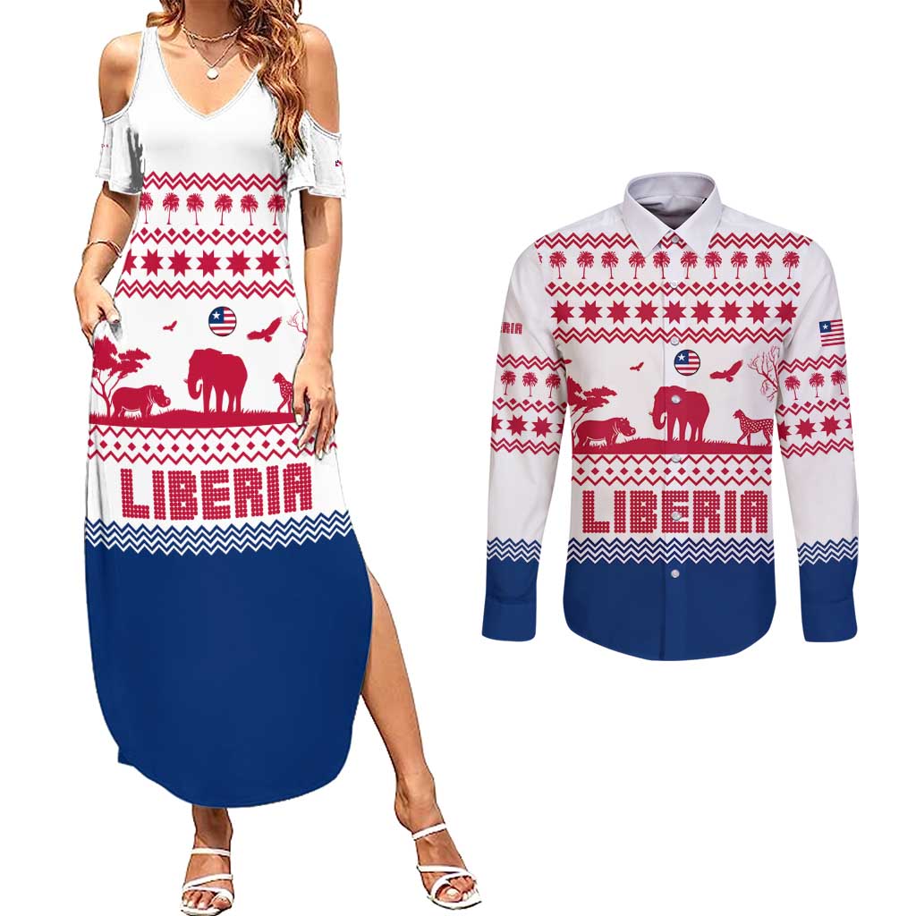 Liberia Christmas Couples Matching Summer Maxi Dress and Long Sleeve Button Shirt with Red Wildlife Silhouettes and White Blue Holiday - Wonder Print Shop