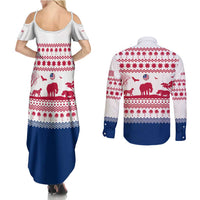 Liberia Christmas Couples Matching Summer Maxi Dress and Long Sleeve Button Shirt with Red Wildlife Silhouettes and White Blue Holiday - Wonder Print Shop