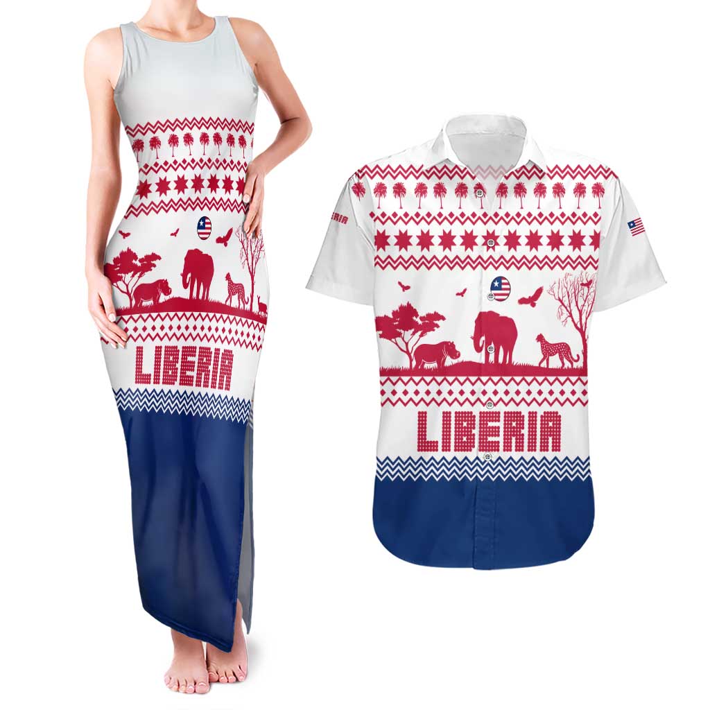 Liberia Christmas Couples Matching Tank Maxi Dress and Hawaiian Shirt with Red Wildlife Silhouettes and White Blue Holiday - Wonder Print Shop