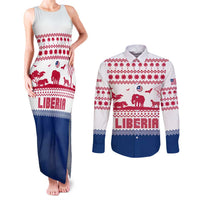 Liberia Christmas Couples Matching Tank Maxi Dress and Long Sleeve Button Shirt with Red Wildlife Silhouettes and White Blue Holiday - Wonder Print Shop