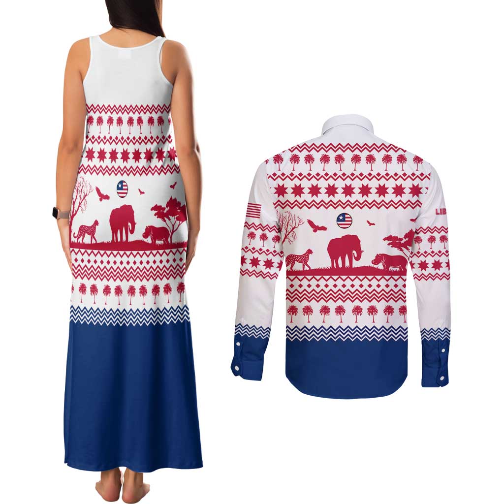 Liberia Christmas Couples Matching Tank Maxi Dress and Long Sleeve Button Shirt with Red Wildlife Silhouettes and White Blue Holiday - Wonder Print Shop