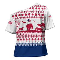 Liberia Christmas Cross Shoulder Shirt with Red Wildlife Silhouettes and White Blue Holiday - Wonder Print Shop