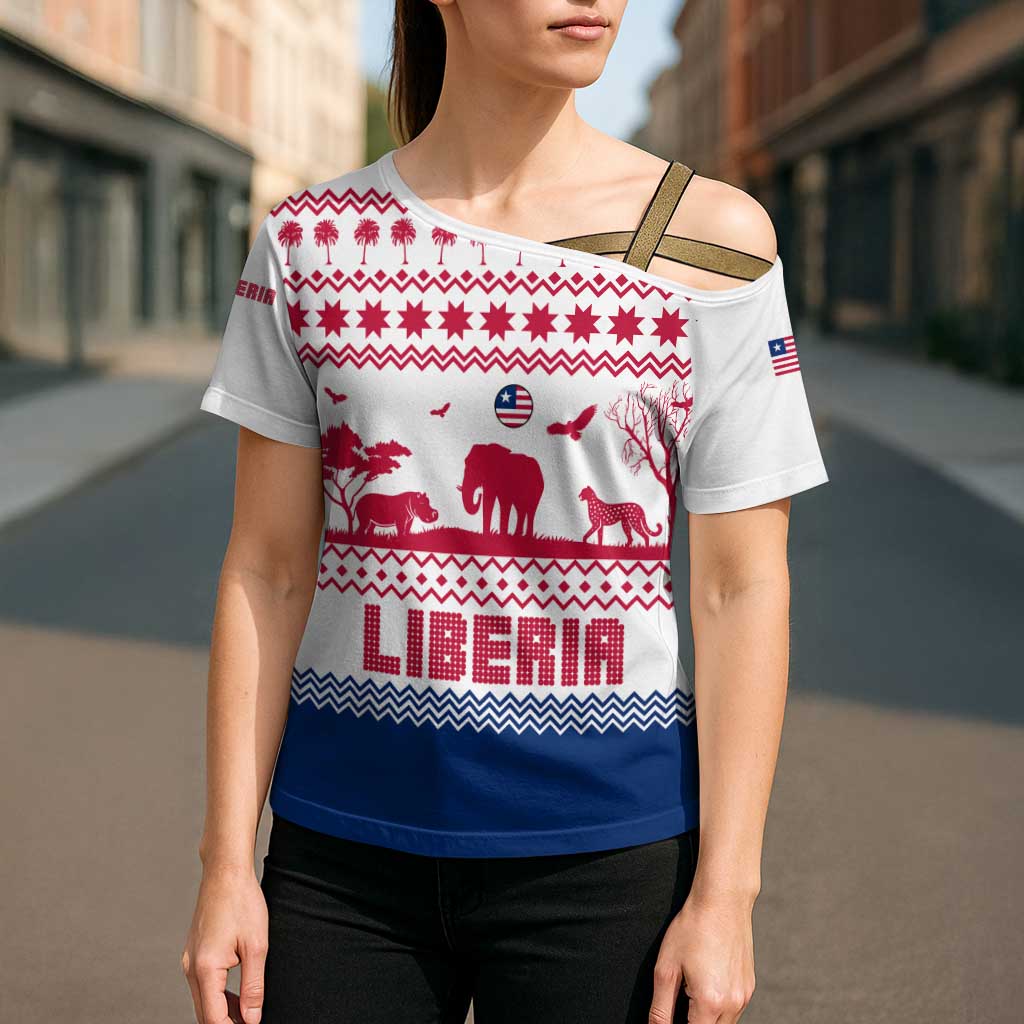Liberia Christmas Cross Shoulder Shirt with Red Wildlife Silhouettes and White Blue Holiday - Wonder Print Shop