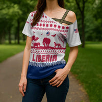 Liberia Christmas Cross Shoulder Shirt with Red Wildlife Silhouettes and White Blue Holiday - Wonder Print Shop