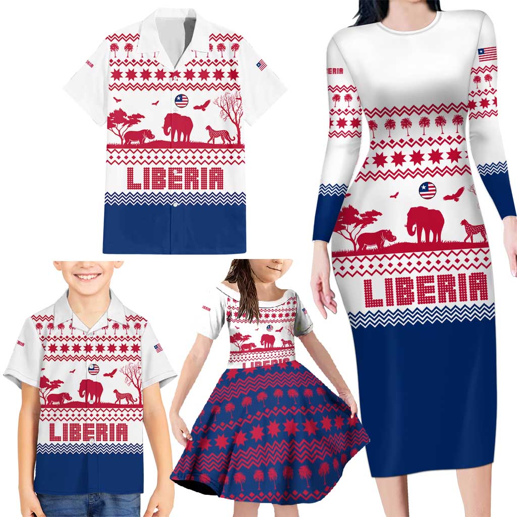 Liberia Christmas Family Matching Long Sleeve Bodycon Dress and Hawaiian Shirt with Red Wildlife Silhouettes and White Blue Holiday - Wonder Print Shop