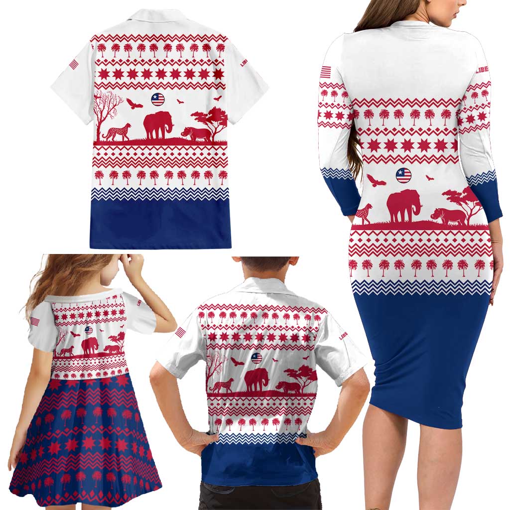 Liberia Christmas Family Matching Long Sleeve Bodycon Dress and Hawaiian Shirt with Red Wildlife Silhouettes and White Blue Holiday - Wonder Print Shop