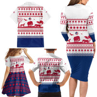 Liberia Christmas Family Matching Long Sleeve Bodycon Dress and Hawaiian Shirt with Red Wildlife Silhouettes and White Blue Holiday - Wonder Print Shop