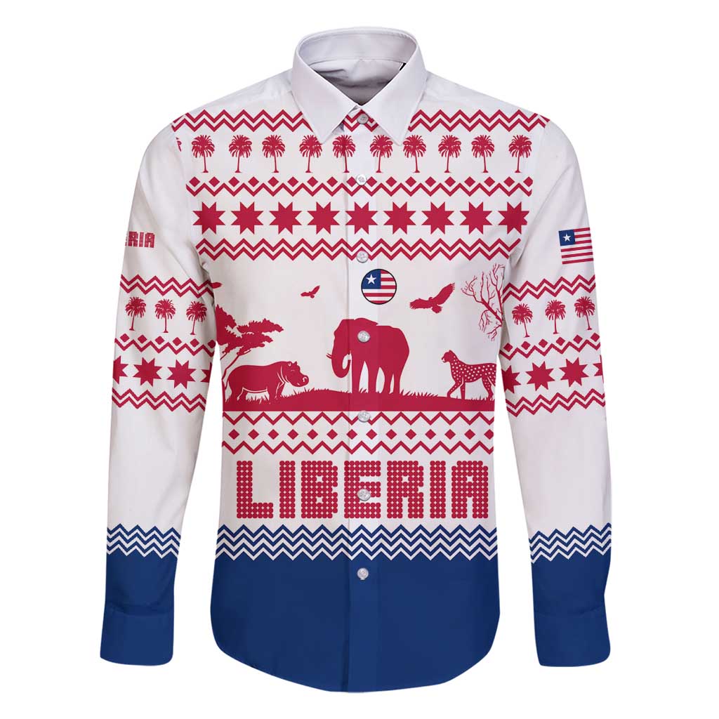 Liberia Christmas Family Matching Long Sleeve Bodycon Dress and Hawaiian Shirt with Red Wildlife Silhouettes and White Blue Holiday - Wonder Print Shop