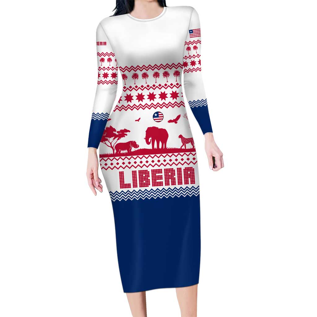 Liberia Christmas Family Matching Long Sleeve Bodycon Dress and Hawaiian Shirt with Red Wildlife Silhouettes and White Blue Holiday - Wonder Print Shop