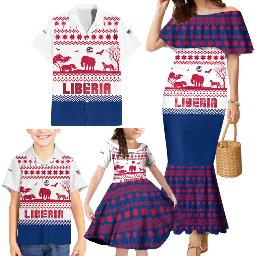 Liberia Christmas Family Matching Mermaid Dress and Hawaiian Shirt with Red Wildlife Silhouettes and White Blue Holiday - Wonder Print Shop