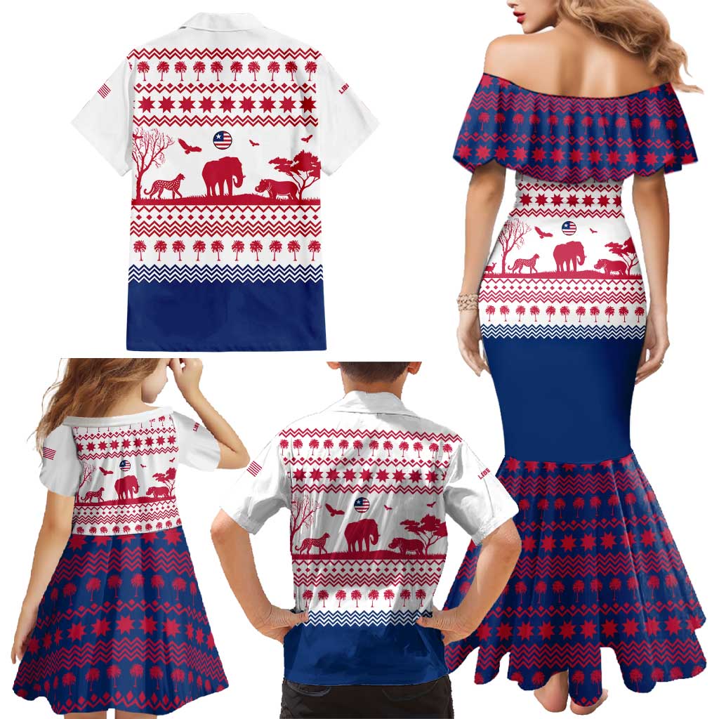 Liberia Christmas Family Matching Mermaid Dress and Hawaiian Shirt with Red Wildlife Silhouettes and White Blue Holiday - Wonder Print Shop
