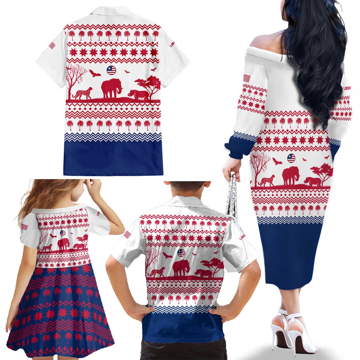 Liberia Christmas Family Matching Off The Shoulder Long Sleeve Dress and Hawaiian Shirt with Red Wildlife Silhouettes and White Blue Holiday - Wonder Print Shop