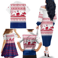 Liberia Christmas Family Matching Off The Shoulder Long Sleeve Dress and Hawaiian Shirt with Red Wildlife Silhouettes and White Blue Holiday - Wonder Print Shop