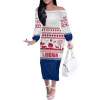Liberia Christmas Family Matching Off The Shoulder Long Sleeve Dress and Hawaiian Shirt with Red Wildlife Silhouettes and White Blue Holiday - Wonder Print Shop