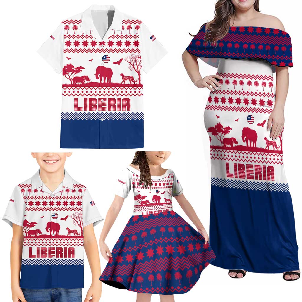Liberia Christmas Family Matching Off Shoulder Maxi Dress and Hawaiian Shirt with Red Wildlife Silhouettes and White Blue Holiday - Wonder Print Shop
