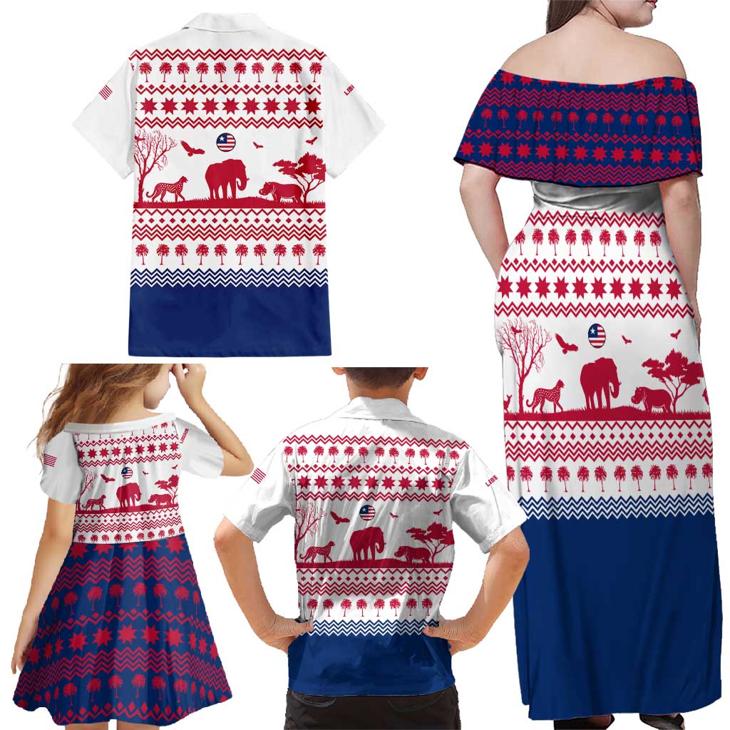 Liberia Christmas Family Matching Off Shoulder Maxi Dress and Hawaiian Shirt with Red Wildlife Silhouettes and White Blue Holiday - Wonder Print Shop