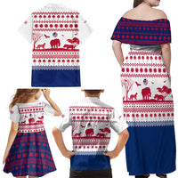Liberia Christmas Family Matching Off Shoulder Maxi Dress and Hawaiian Shirt with Red Wildlife Silhouettes and White Blue Holiday - Wonder Print Shop