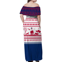 Liberia Christmas Family Matching Off Shoulder Maxi Dress and Hawaiian Shirt with Red Wildlife Silhouettes and White Blue Holiday - Wonder Print Shop