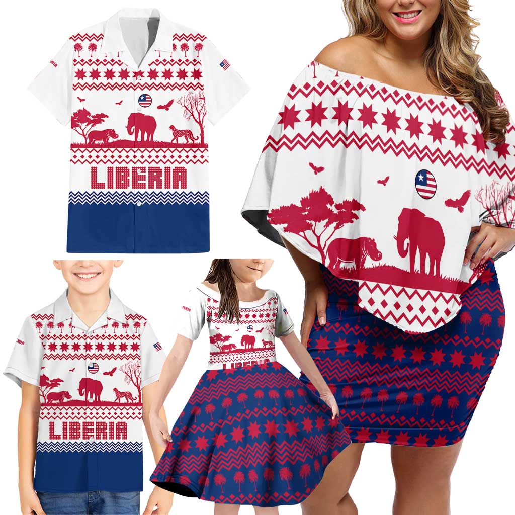 Liberia Christmas Family Matching Off Shoulder Short Dress and Hawaiian Shirt with Red Wildlife Silhouettes and White Blue Holiday - Wonder Print Shop