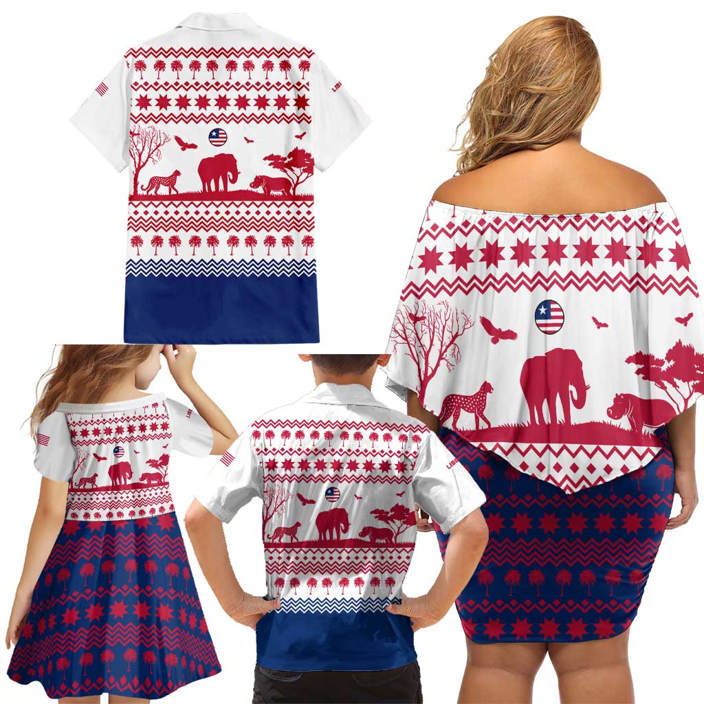 Liberia Christmas Family Matching Off Shoulder Short Dress and Hawaiian Shirt with Red Wildlife Silhouettes and White Blue Holiday - Wonder Print Shop