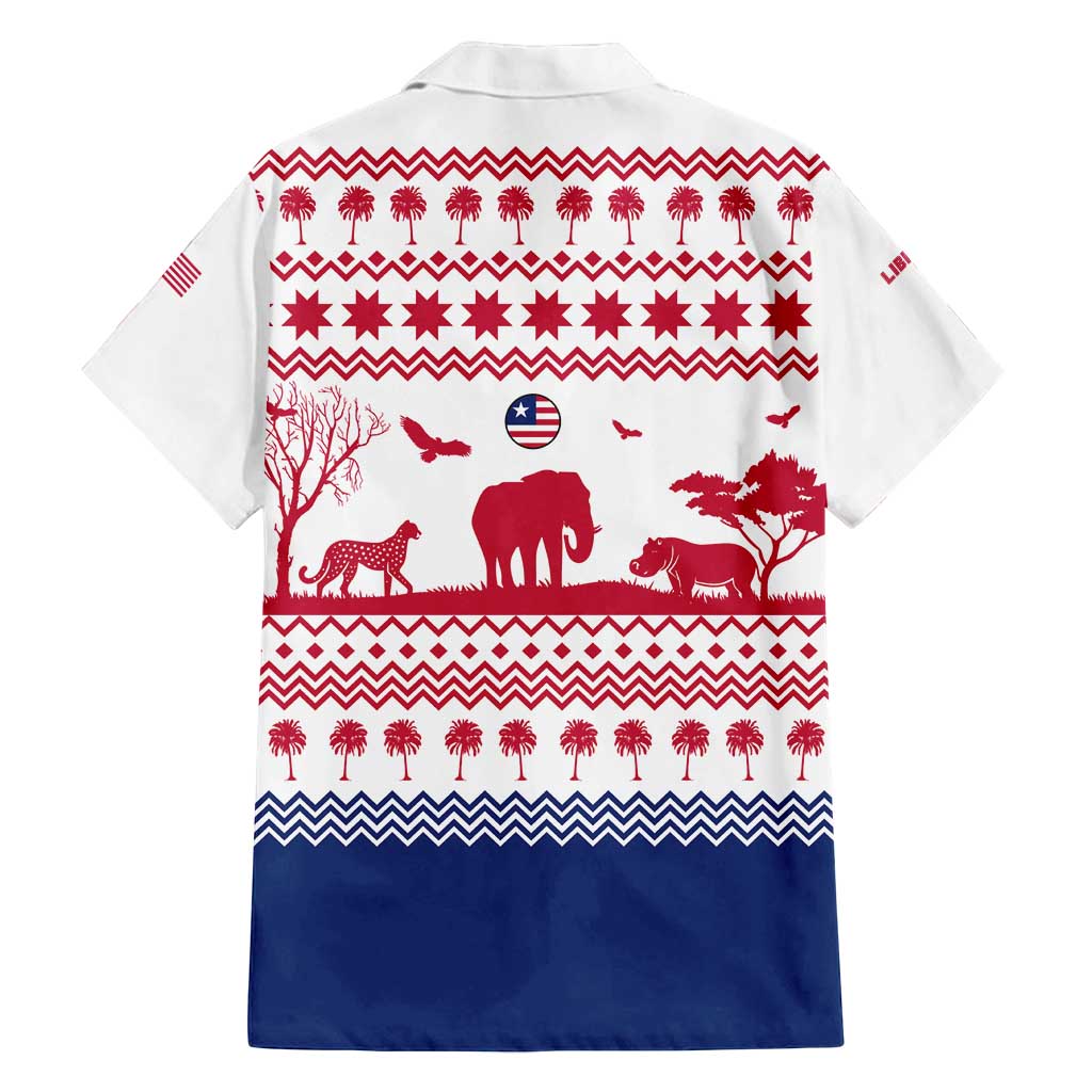 Liberia Christmas Family Matching Off Shoulder Short Dress and Hawaiian Shirt with Red Wildlife Silhouettes and White Blue Holiday - Wonder Print Shop