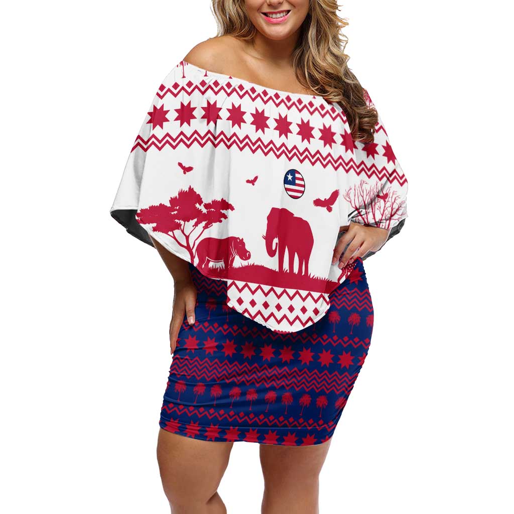 Liberia Christmas Family Matching Off Shoulder Short Dress and Hawaiian Shirt with Red Wildlife Silhouettes and White Blue Holiday - Wonder Print Shop