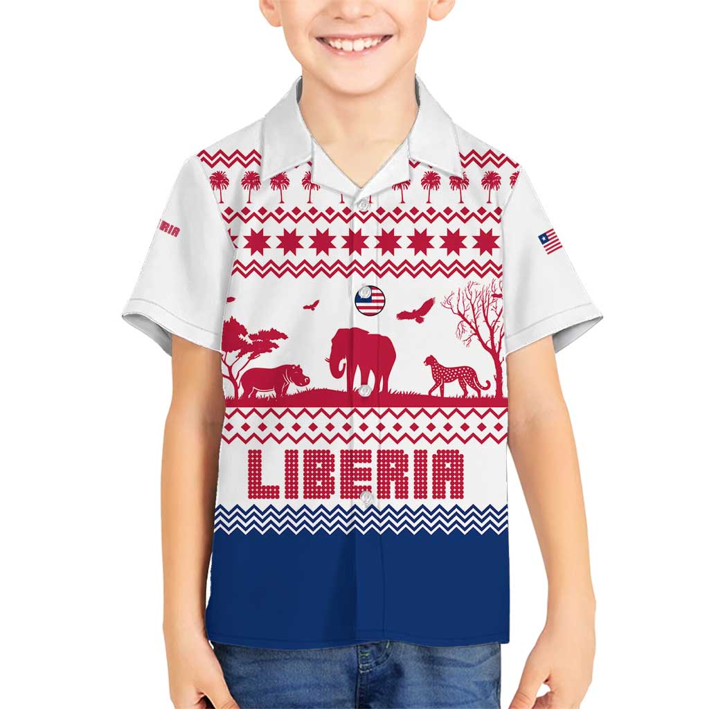 Liberia Christmas Family Matching Off Shoulder Short Dress and Hawaiian Shirt with Red Wildlife Silhouettes and White Blue Holiday - Wonder Print Shop