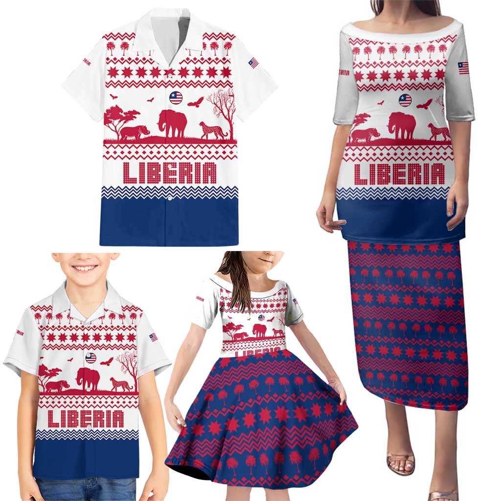 Liberia Christmas Family Matching Puletasi and Hawaiian Shirt with Red Wildlife Silhouettes and White Blue Holiday - Wonder Print Shop