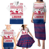 Liberia Christmas Family Matching Puletasi and Hawaiian Shirt with Red Wildlife Silhouettes and White Blue Holiday - Wonder Print Shop