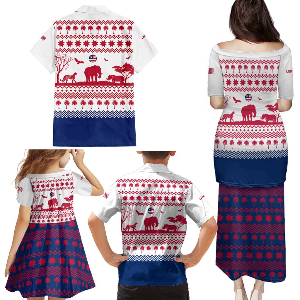 Liberia Christmas Family Matching Puletasi and Hawaiian Shirt with Red Wildlife Silhouettes and White Blue Holiday - Wonder Print Shop