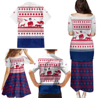 Liberia Christmas Family Matching Puletasi and Hawaiian Shirt with Red Wildlife Silhouettes and White Blue Holiday - Wonder Print Shop