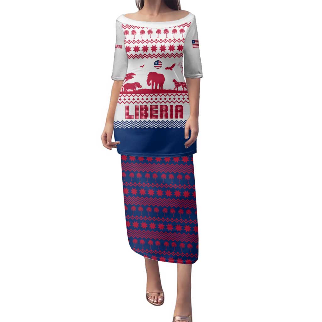 Liberia Christmas Family Matching Puletasi and Hawaiian Shirt with Red Wildlife Silhouettes and White Blue Holiday - Wonder Print Shop