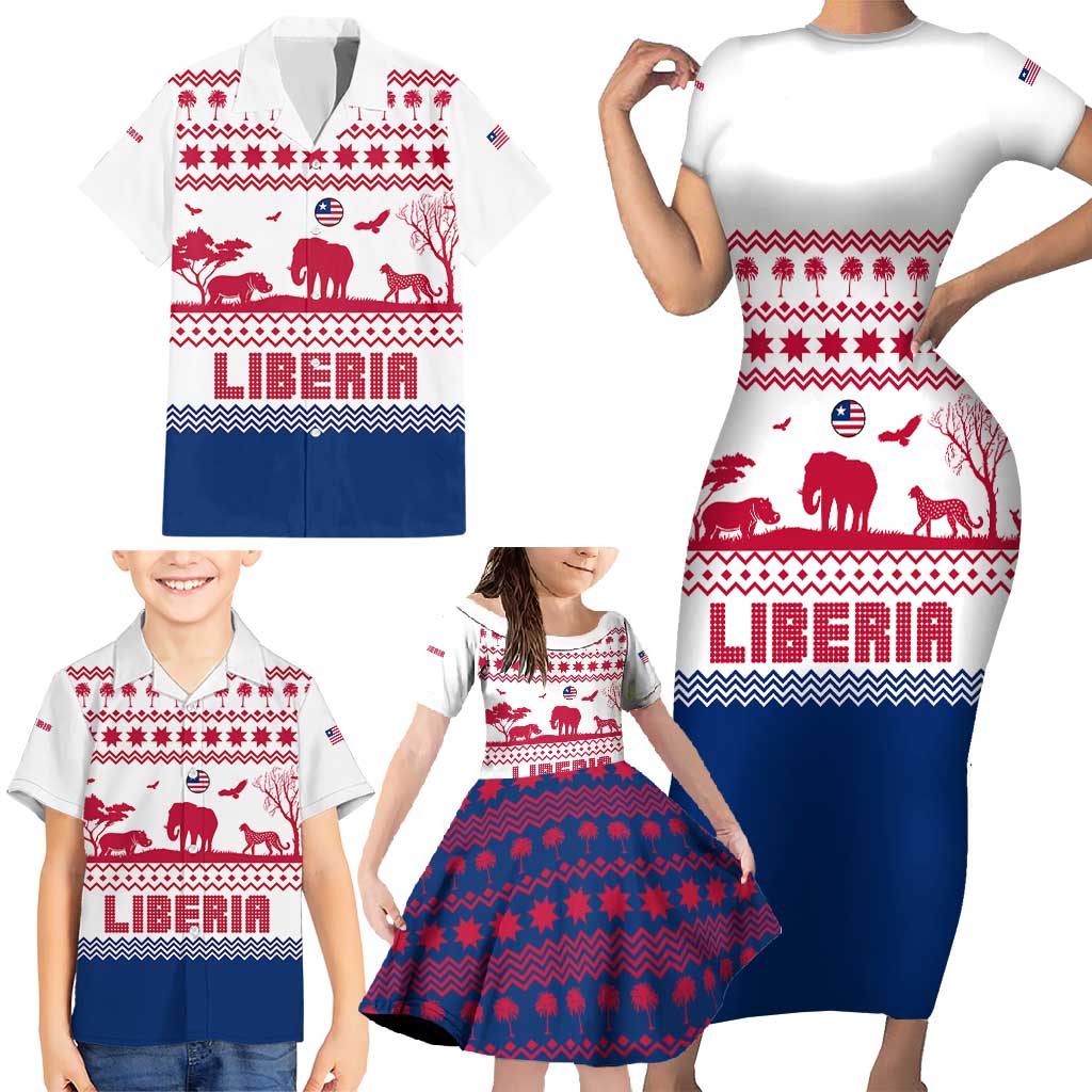 Liberia Christmas Family Matching Short Sleeve Bodycon Dress and Hawaiian Shirt with Red Wildlife Silhouettes and White Blue Holiday - Wonder Print Shop