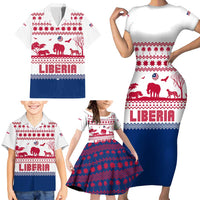 Liberia Christmas Family Matching Short Sleeve Bodycon Dress and Hawaiian Shirt with Red Wildlife Silhouettes and White Blue Holiday - Wonder Print Shop