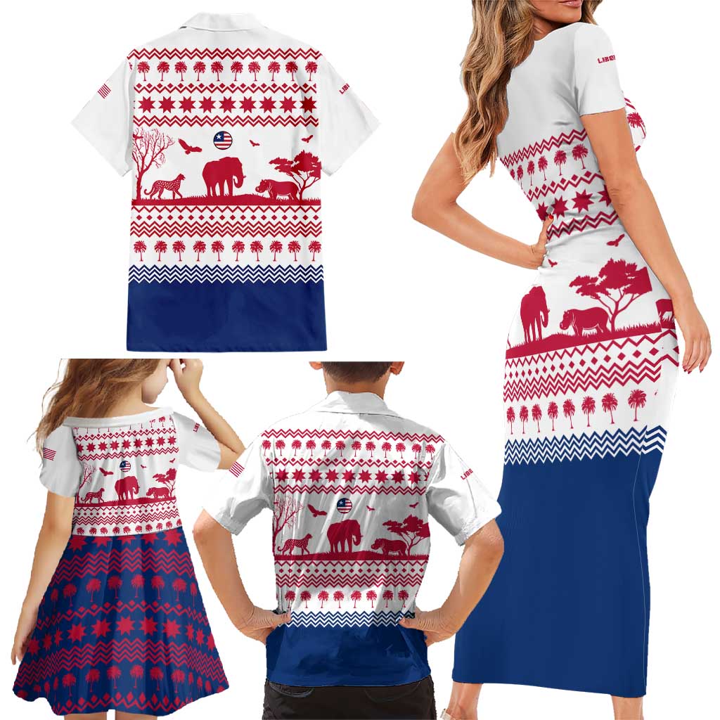 Liberia Christmas Family Matching Short Sleeve Bodycon Dress and Hawaiian Shirt with Red Wildlife Silhouettes and White Blue Holiday - Wonder Print Shop