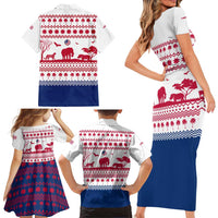 Liberia Christmas Family Matching Short Sleeve Bodycon Dress and Hawaiian Shirt with Red Wildlife Silhouettes and White Blue Holiday - Wonder Print Shop
