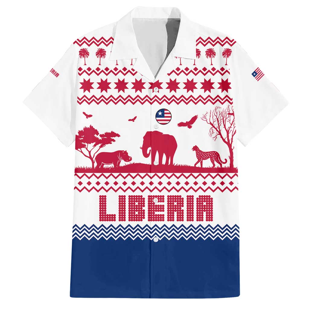 Liberia Christmas Family Matching Short Sleeve Bodycon Dress and Hawaiian Shirt with Red Wildlife Silhouettes and White Blue Holiday - Wonder Print Shop
