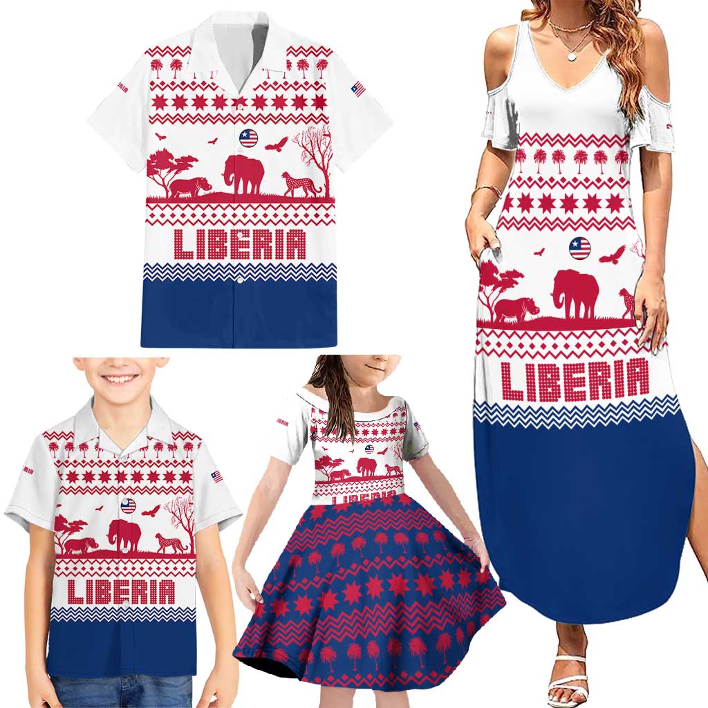 Liberia Christmas Family Matching Summer Maxi Dress and Hawaiian Shirt with Red Wildlife Silhouettes and White Blue Holiday - Wonder Print Shop