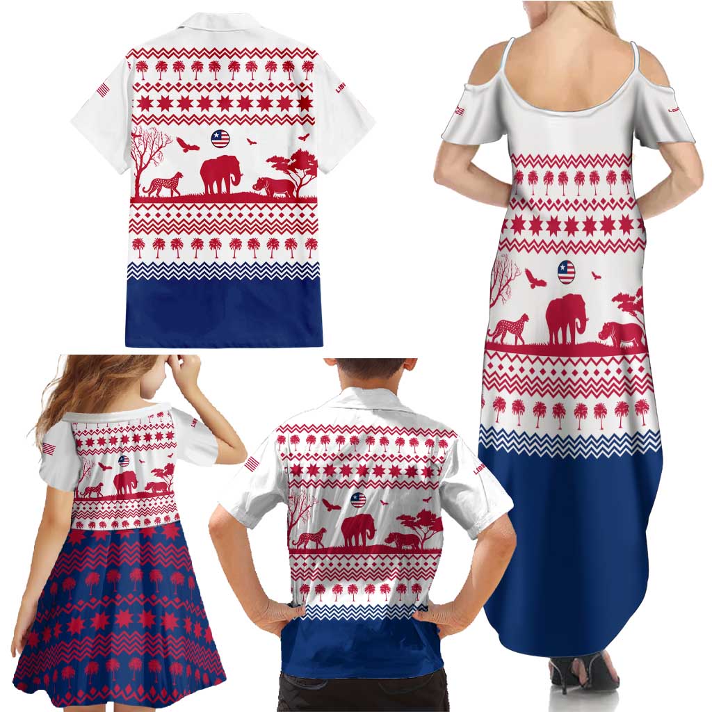 Liberia Christmas Family Matching Summer Maxi Dress and Hawaiian Shirt with Red Wildlife Silhouettes and White Blue Holiday - Wonder Print Shop