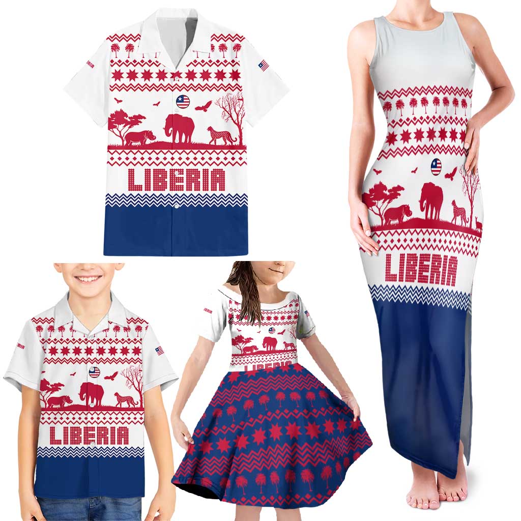 Liberia Christmas Family Matching Tank Maxi Dress and Hawaiian Shirt with Red Wildlife Silhouettes and White Blue Holiday - Wonder Print Shop
