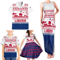 Liberia Christmas Family Matching Tank Maxi Dress and Hawaiian Shirt with Red Wildlife Silhouettes and White Blue Holiday - Wonder Print Shop