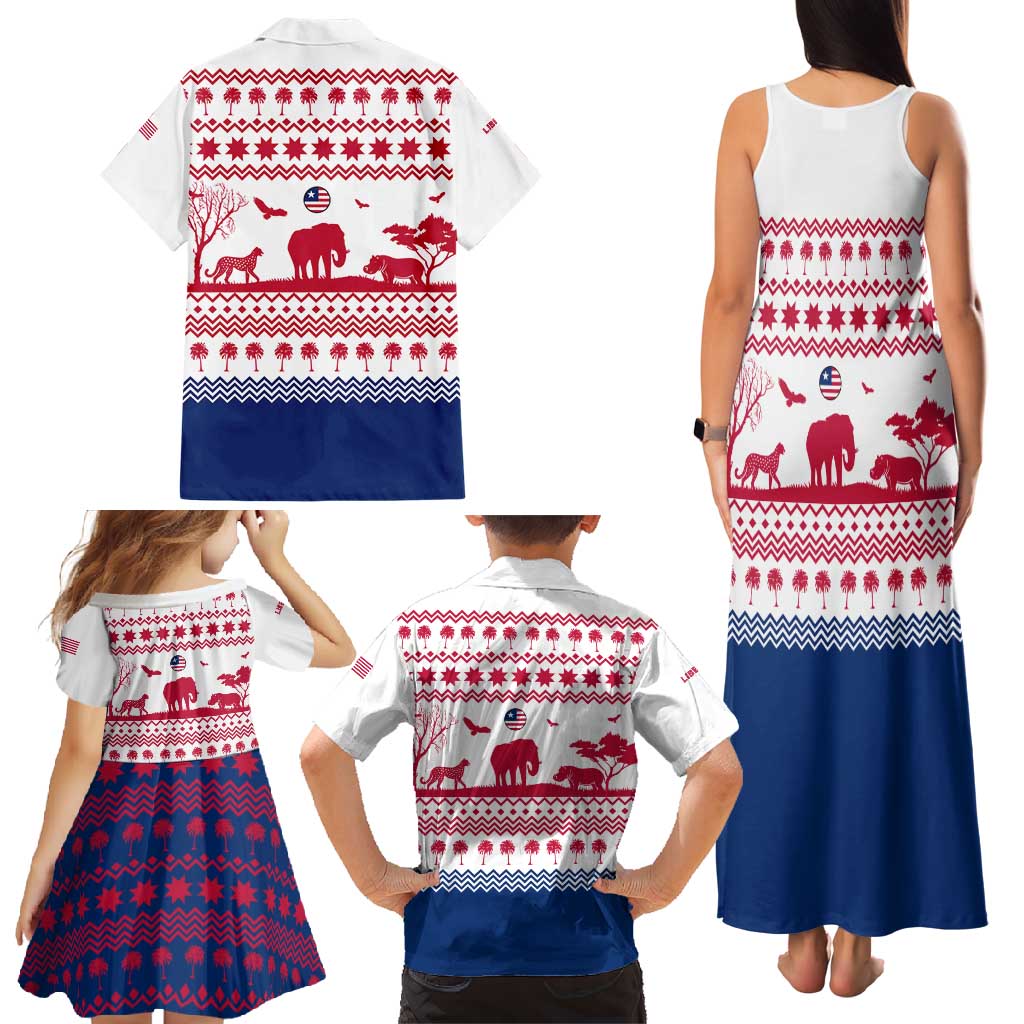 Liberia Christmas Family Matching Tank Maxi Dress and Hawaiian Shirt with Red Wildlife Silhouettes and White Blue Holiday - Wonder Print Shop