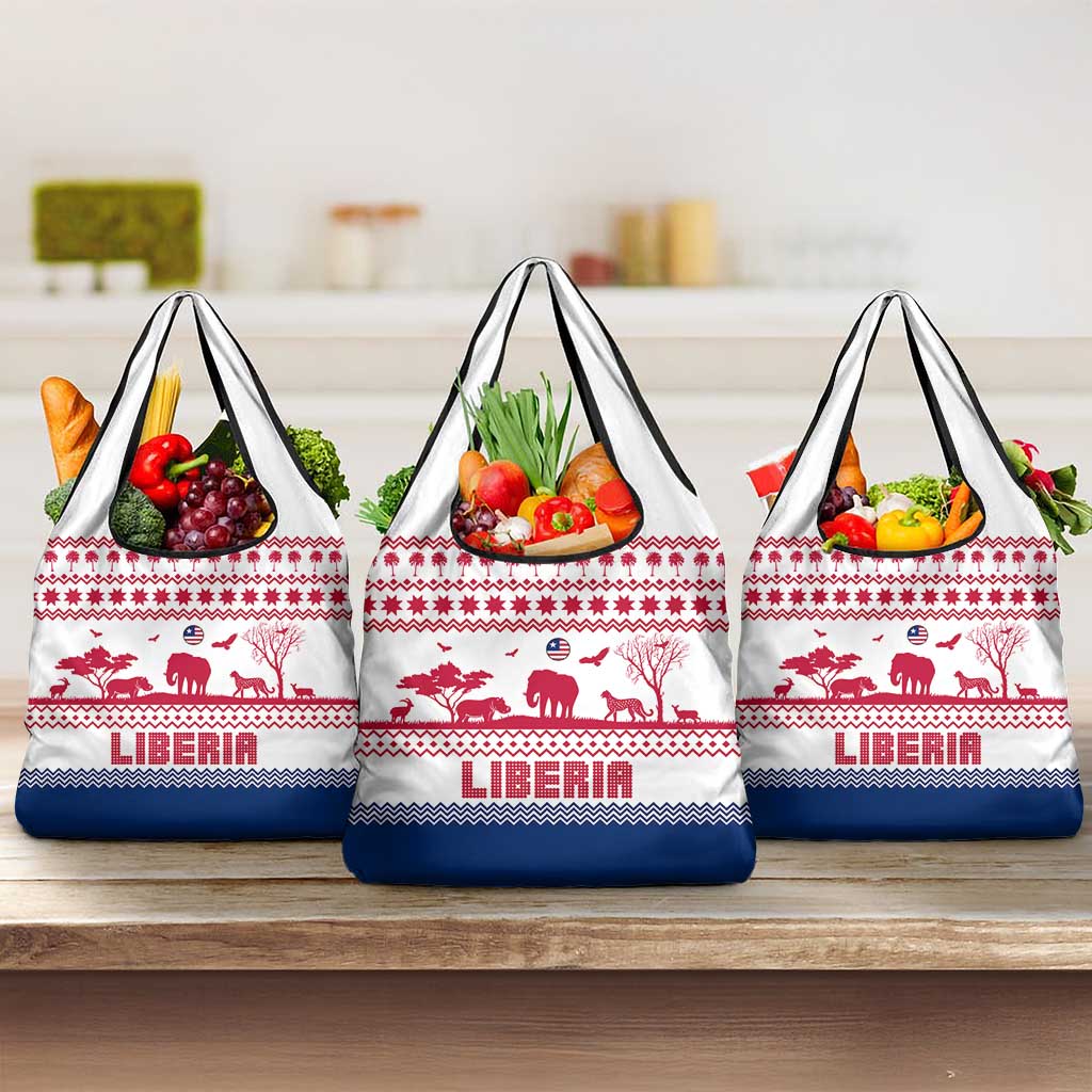 Liberia Christmas Grocery Bag with Red Wildlife Silhouettes and White Blue Holiday - Wonder Print Shop