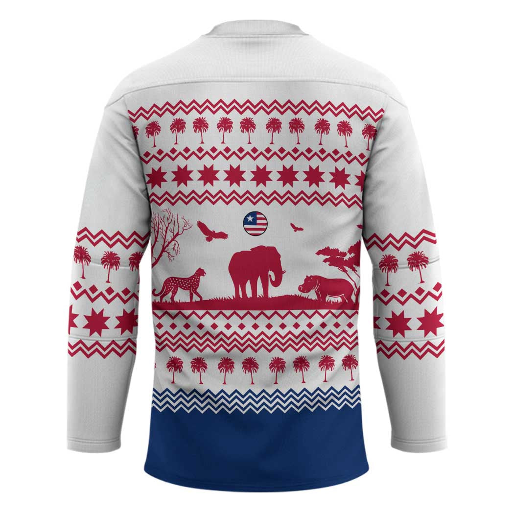 Liberia Christmas Hockey Jersey with Red Wildlife Silhouettes and White Blue Holiday - Wonder Print Shop