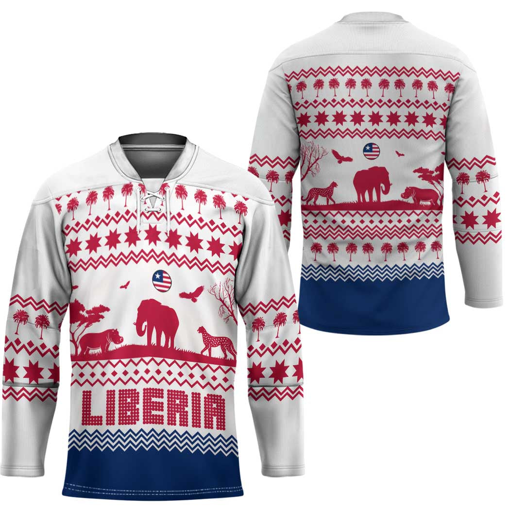 Liberia Christmas Hockey Jersey with Red Wildlife Silhouettes and White Blue Holiday - Wonder Print Shop