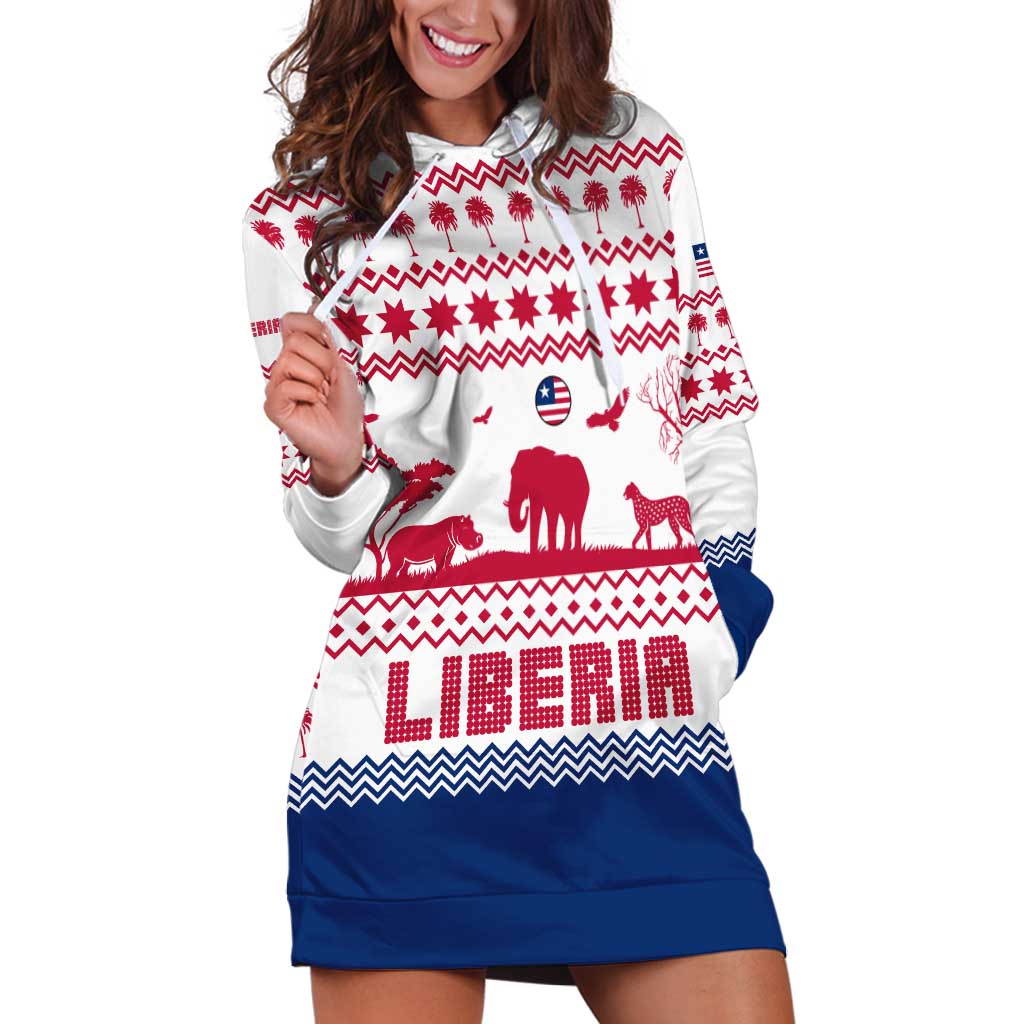 Liberia Christmas Hoodie Dress with Red Wildlife Silhouettes and White Blue Holiday - Wonder Print Shop
